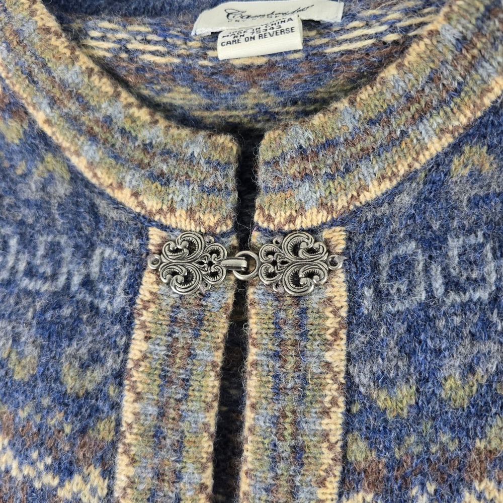 Cambridge Dry Goods Womens Medium Blue Wool Fair Isle Cardigan Nordic Clasp - Picture 2 of 7